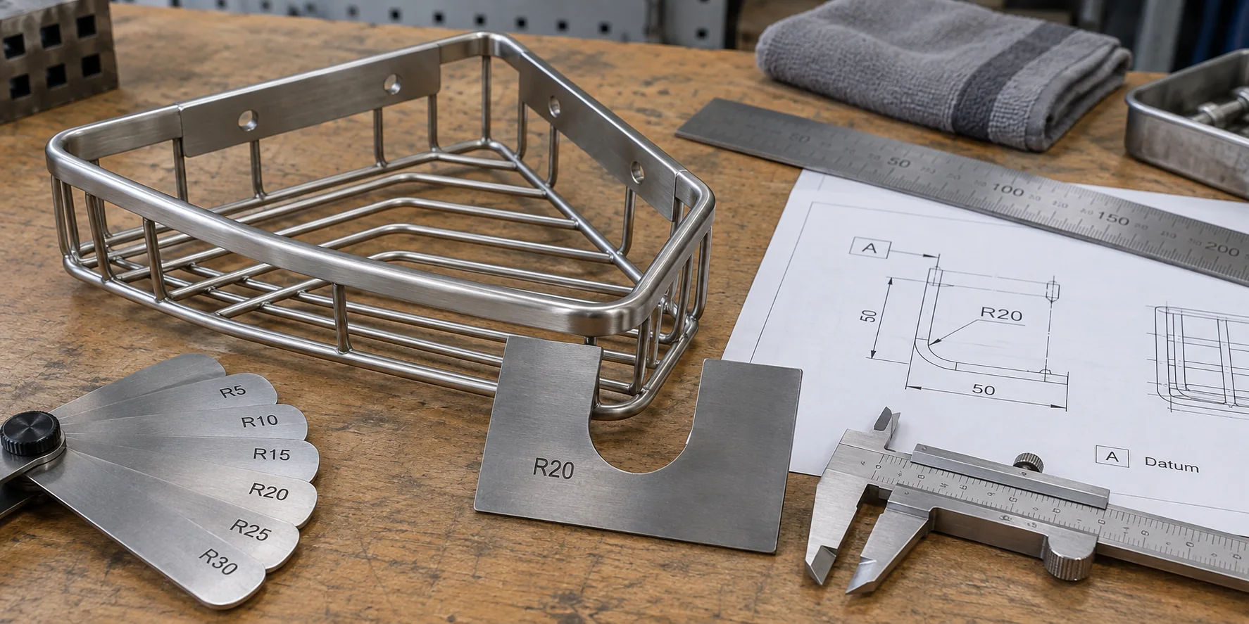 Bathroom rack corner radius checked with a drawing and profile template.