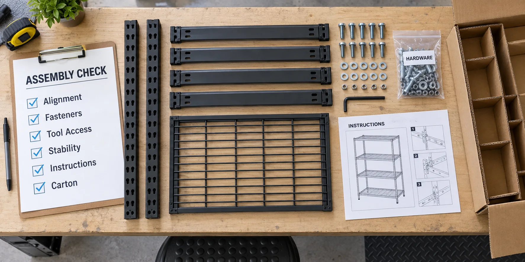 Buyer check of flat-pack rack components, fasteners and assembly sequence.