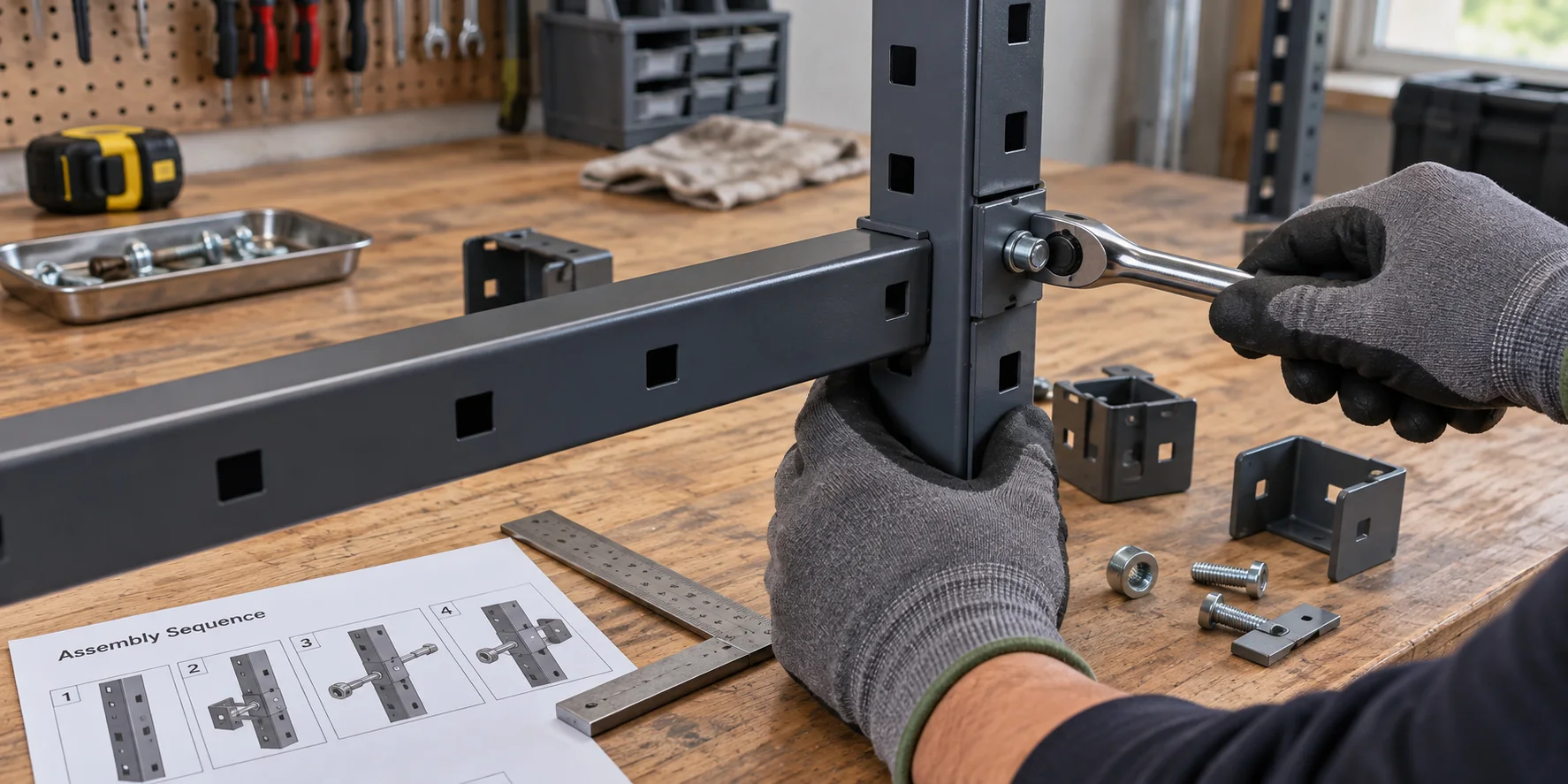 Knock-down metal storage rack connectors reviewed during trial assembly.