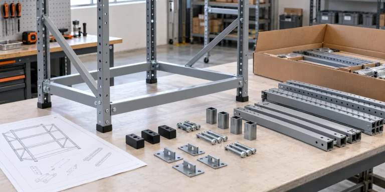Knock-down metal storage rack components and connectors prepared for OEM design review.