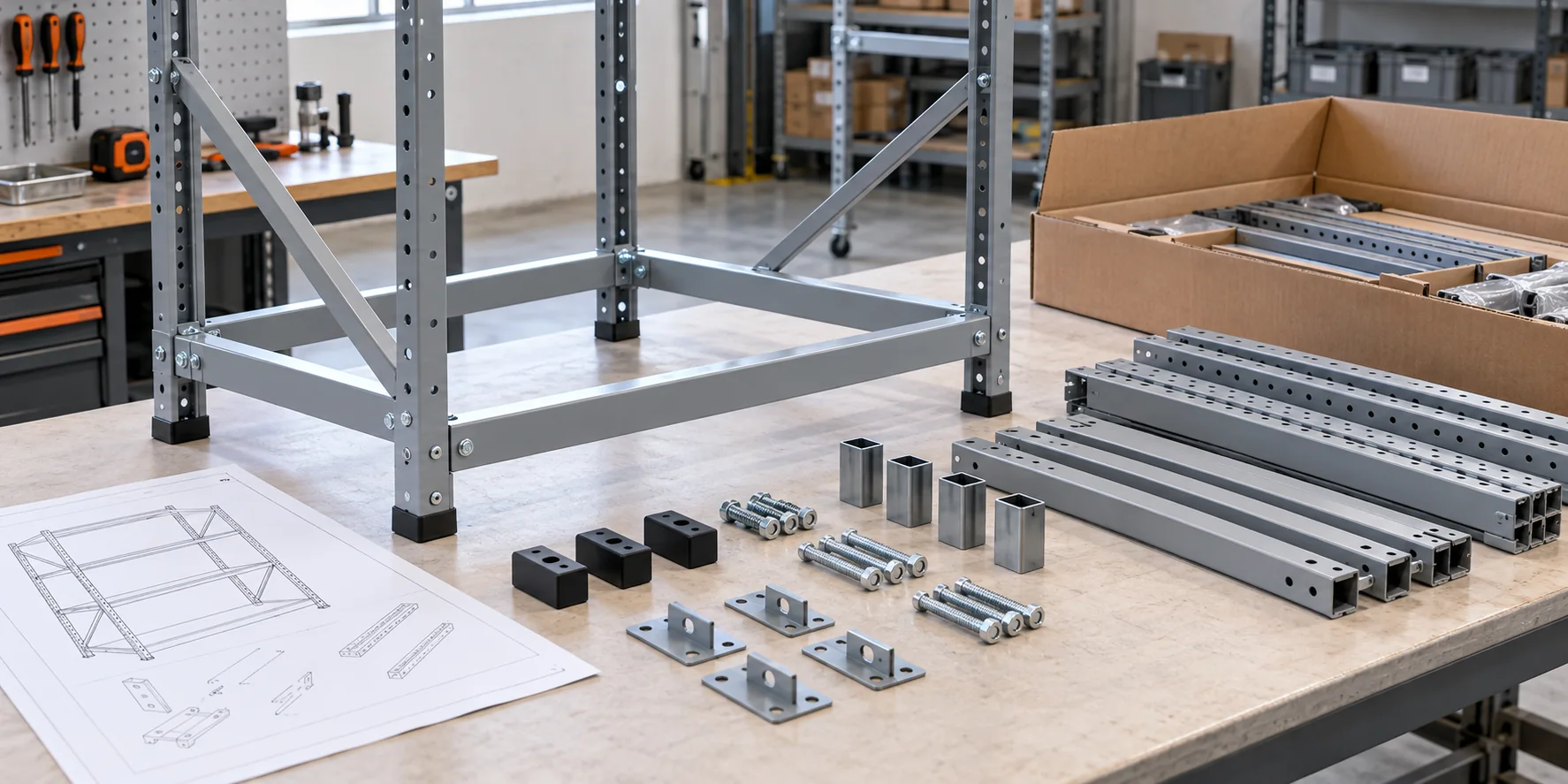 Knock-down metal storage rack components and connectors prepared for OEM design review.
