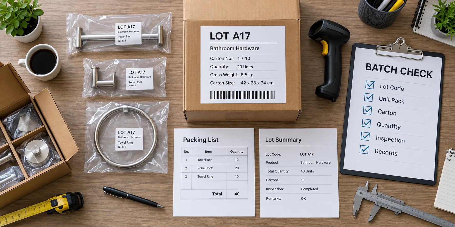 Buyer review of bathroom hardware batch labels and inspection records.