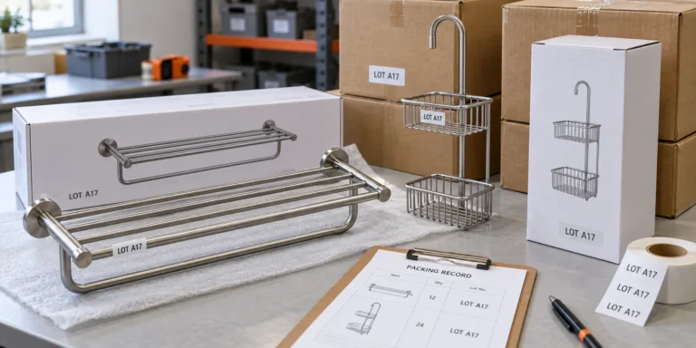 Etiquetas por lotes para accesorios de baño que identifican los productos acabados, los envases para venta al por menor y las cajas maestras.