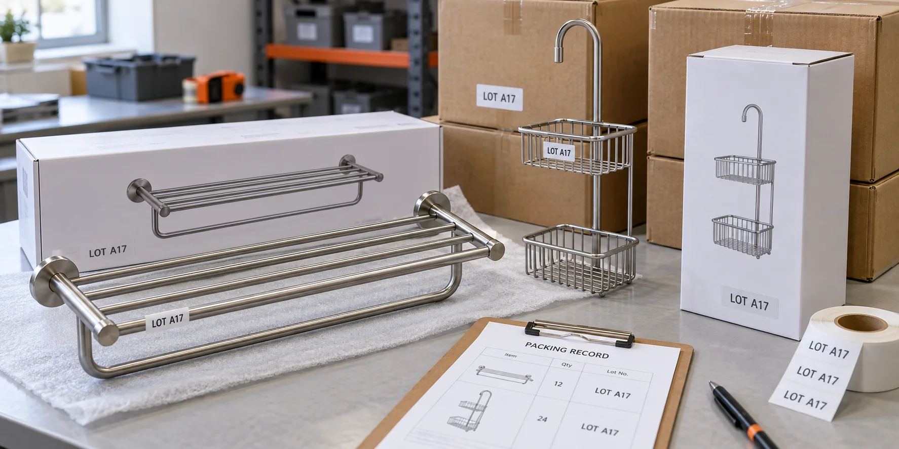 Bathroom hardware batch labels connecting finished products, retail packs and master cartons.