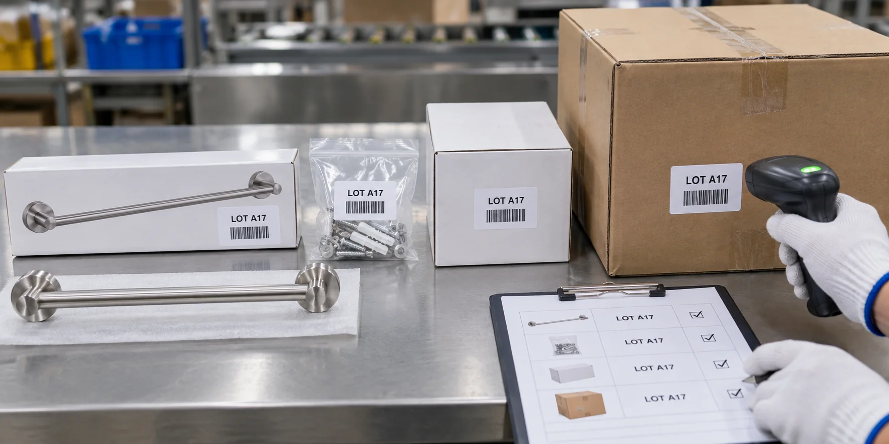 Bathroom hardware lot codes checked across product packing and master cartons.
