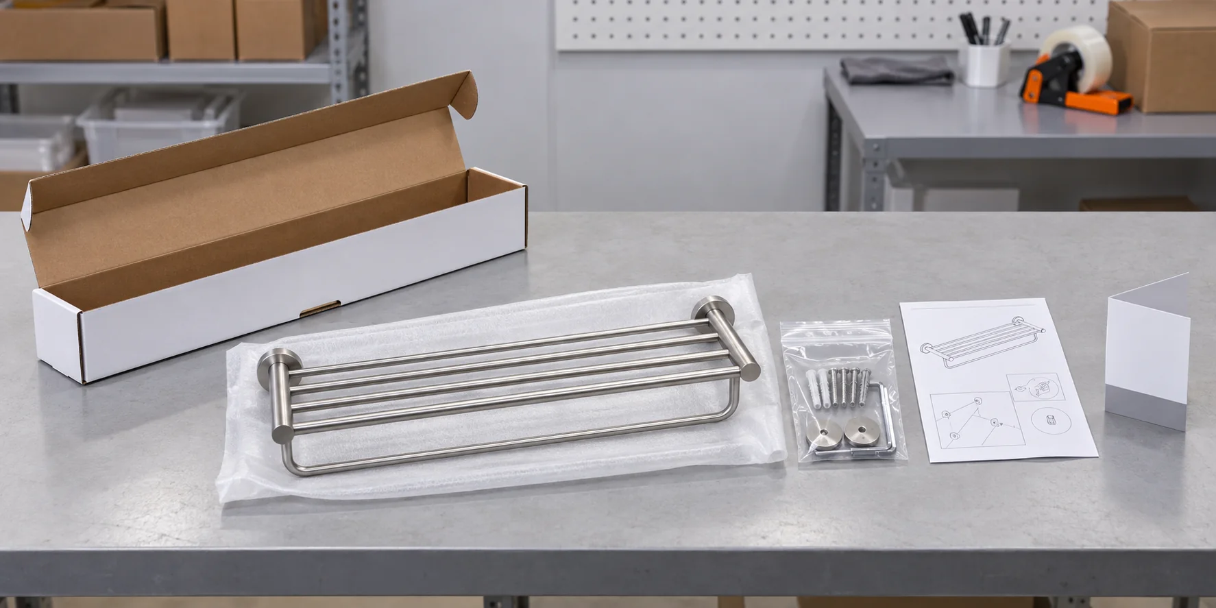 Carton de vente au détail contenant des accessoires de salle de bains, ouvert selon une séquence contrôlée, comprenant le produit, les accessoires et la notice d'utilisation.