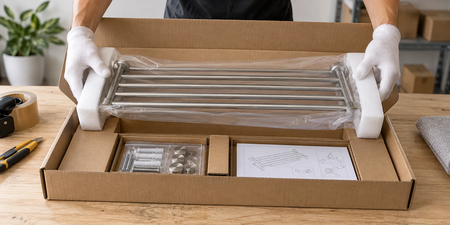 Séquence d'ouverture d'un carton de vente au détail contenant des accessoires de salle de bains, testée avec le produit, les accessoires et la notice d'utilisation.