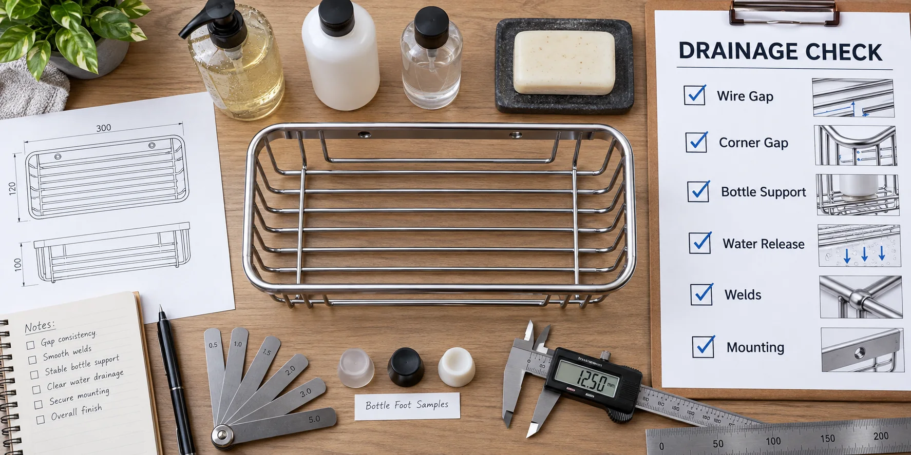 Buyer review of shower basket wire spacing, corner gaps and supported product sizes.