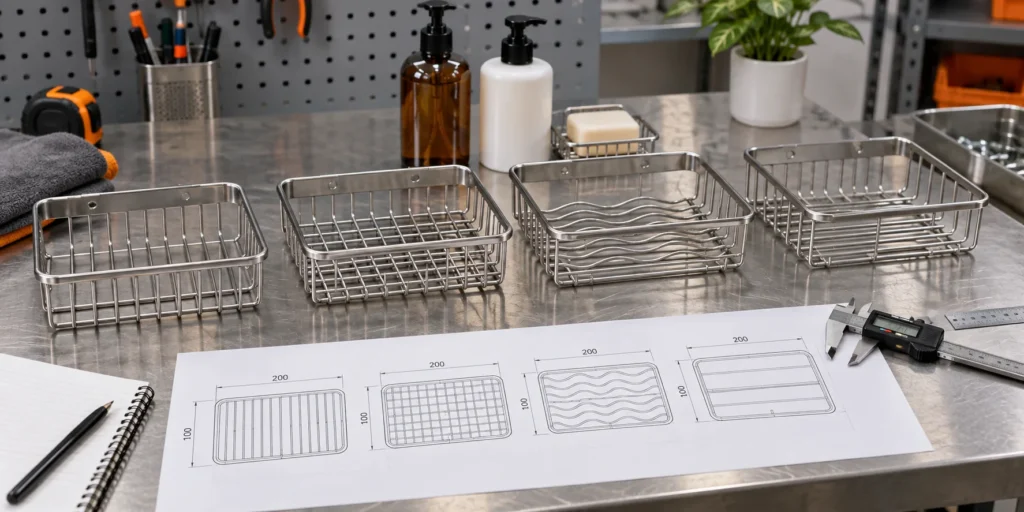 Wire shower basket drainage gap patterns compared with bottles, soap and measuring tools.