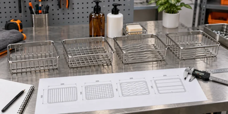 Wire shower basket drainage gap patterns compared with bottles, soap and measuring tools.