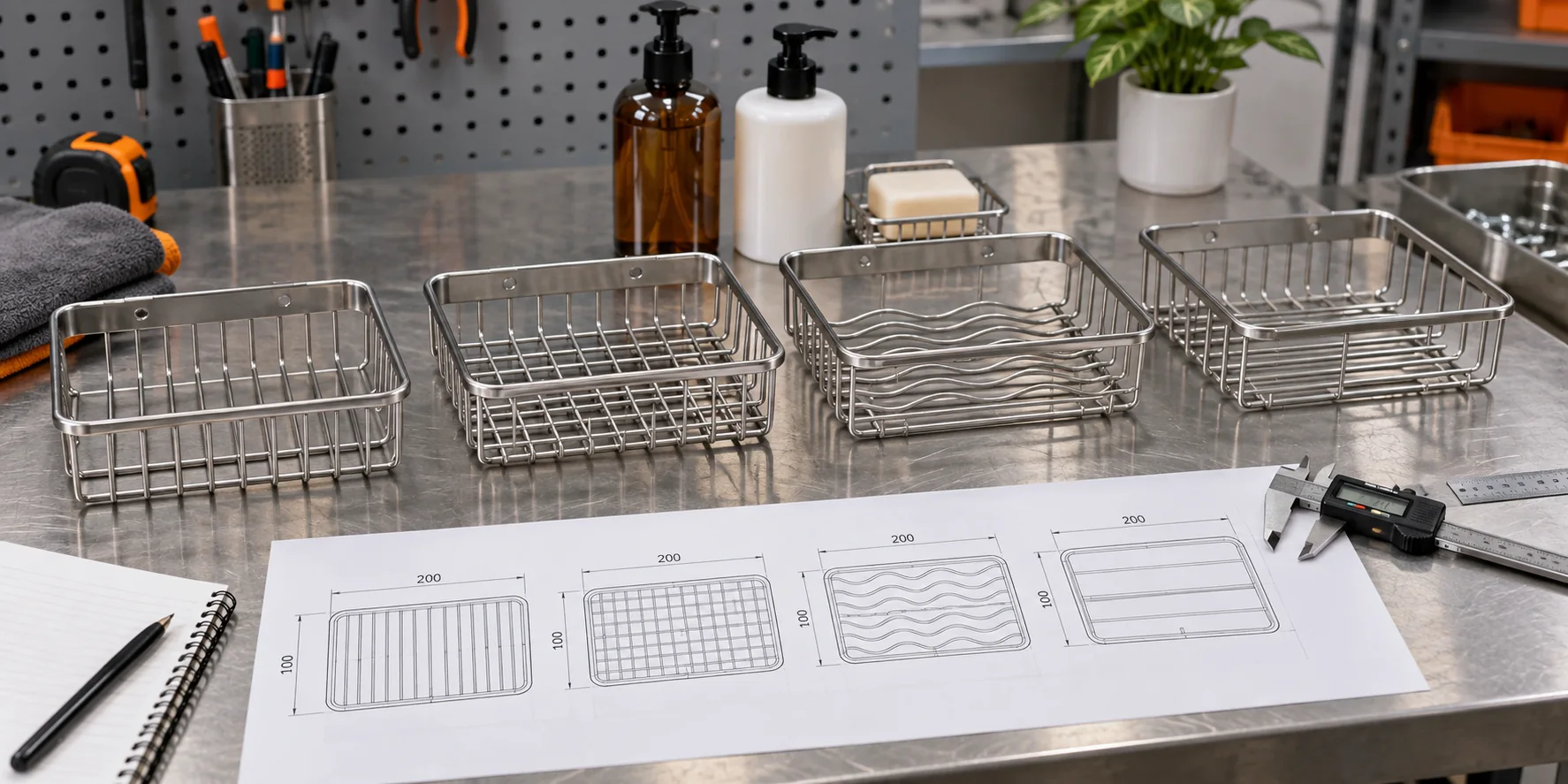 Wire shower basket drainage gap patterns compared with bottles, soap and measuring tools.