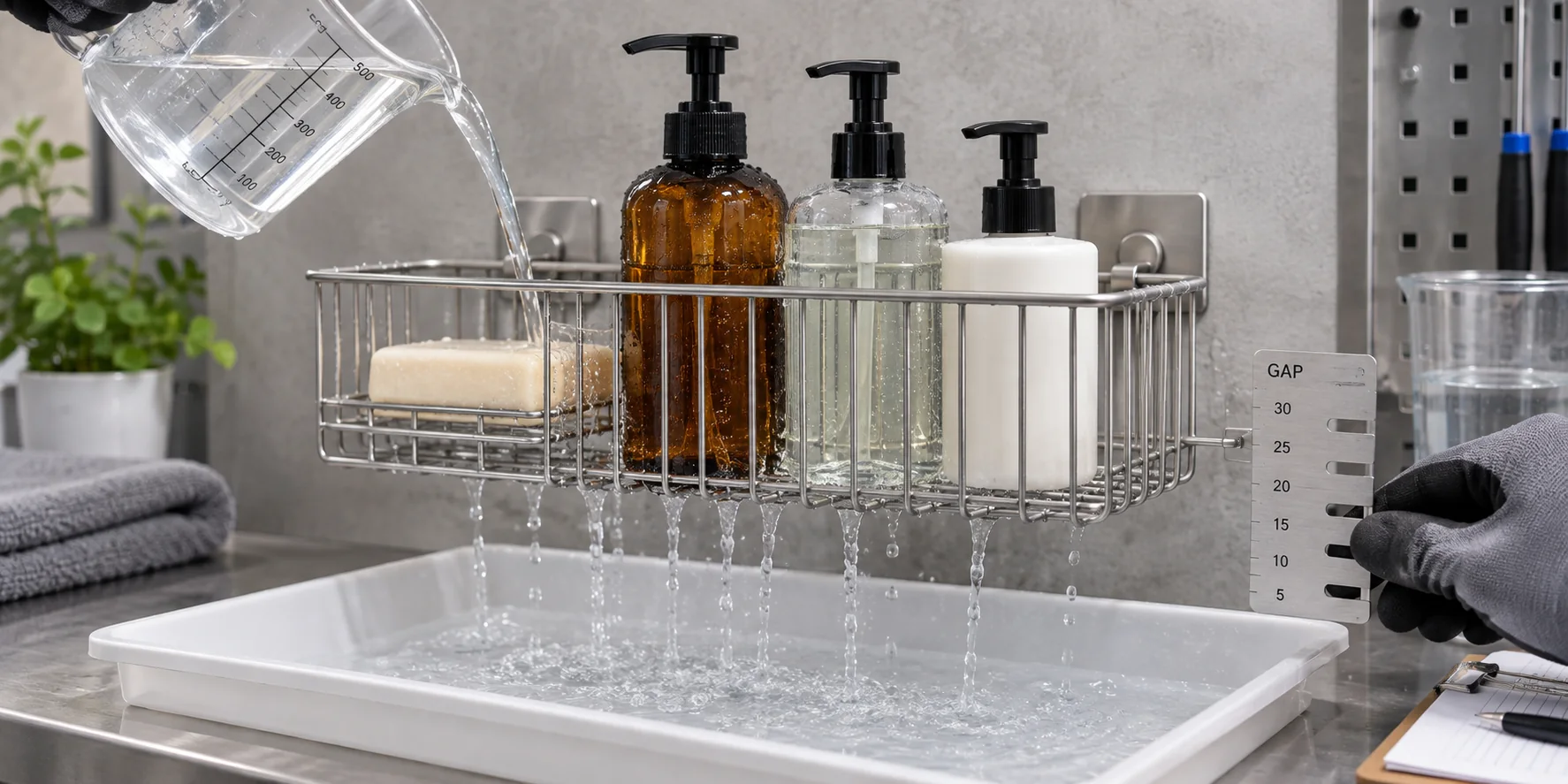 Wire shower basket drainage and bottle support tested with water and sample containers.