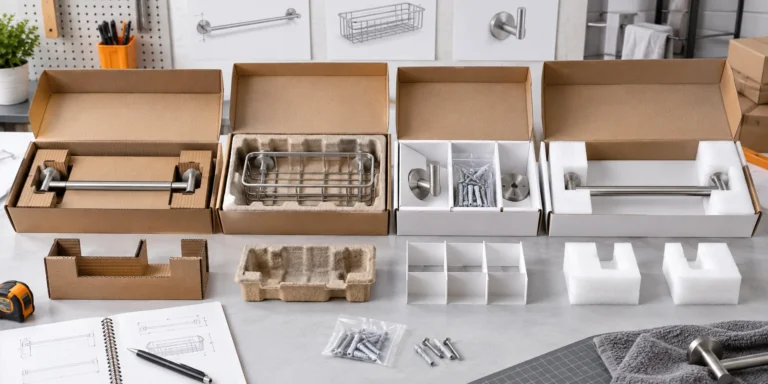 Bathroom hardware packaging insert options compared around finished metal products.