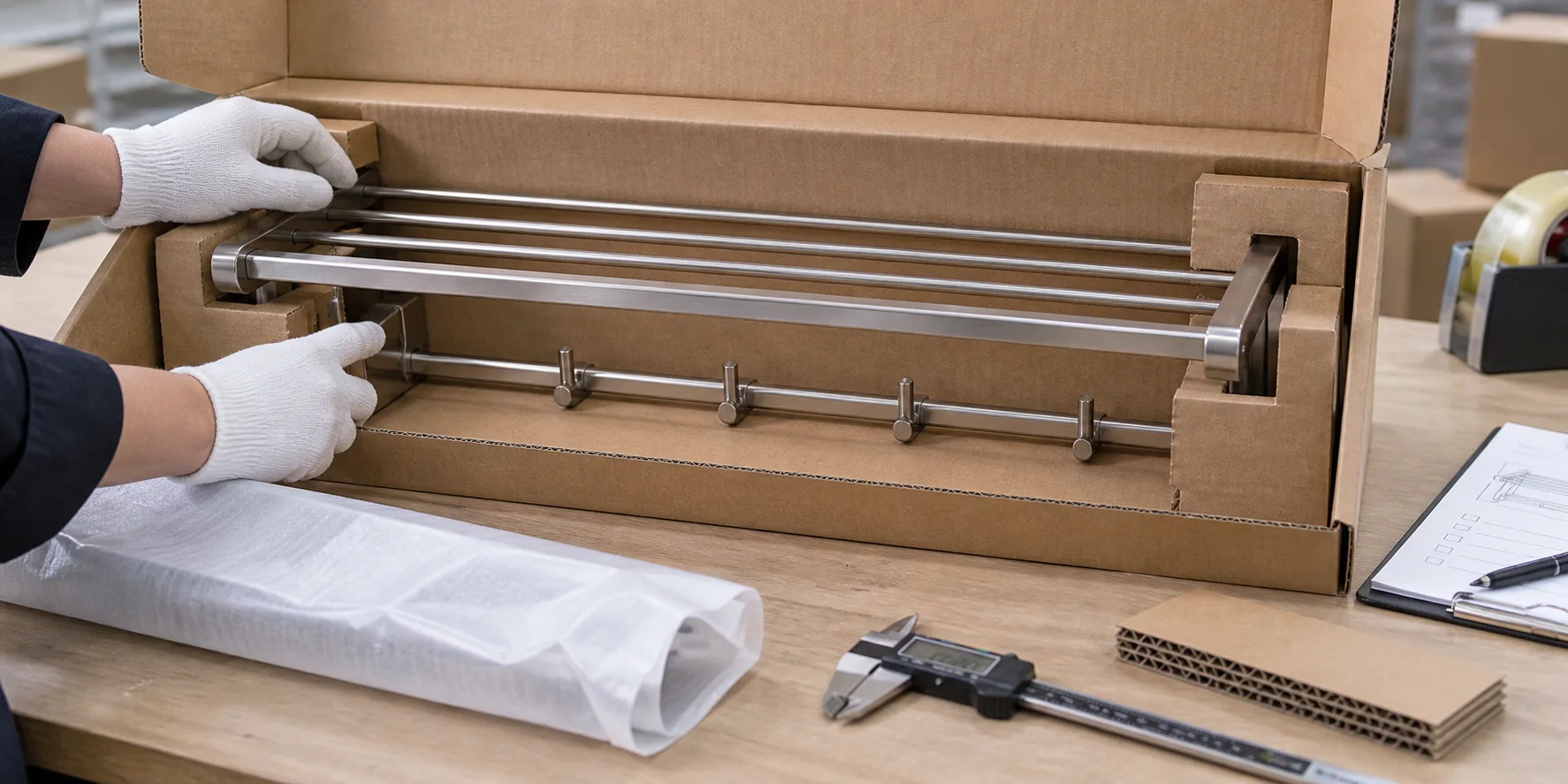 Bathroom hardware packaging insert checked for product fit, movement and finish contact.