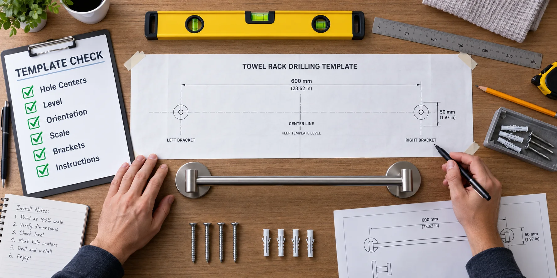Buyer review of towel rack mounting template, brackets, screws and installation references.