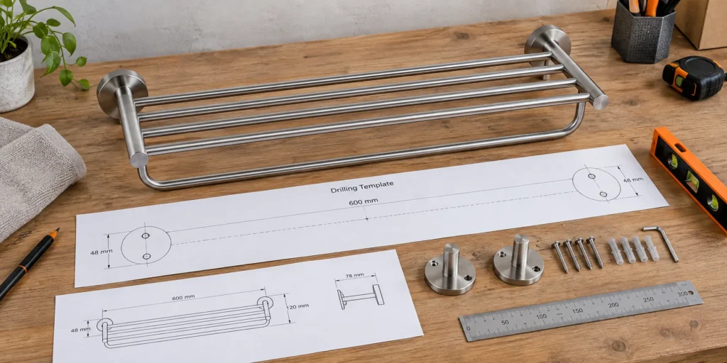 Gabarit de perçage pour quincaillerie de salle de bains, présenté avec des supports pour porte-serviettes et des outils de mesure.