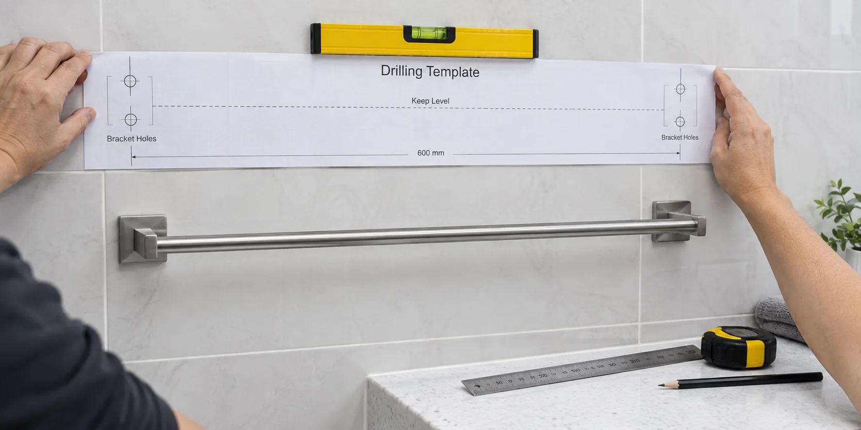 Bathroom hardware drilling template verified for print scale and mounting-hole alignment.