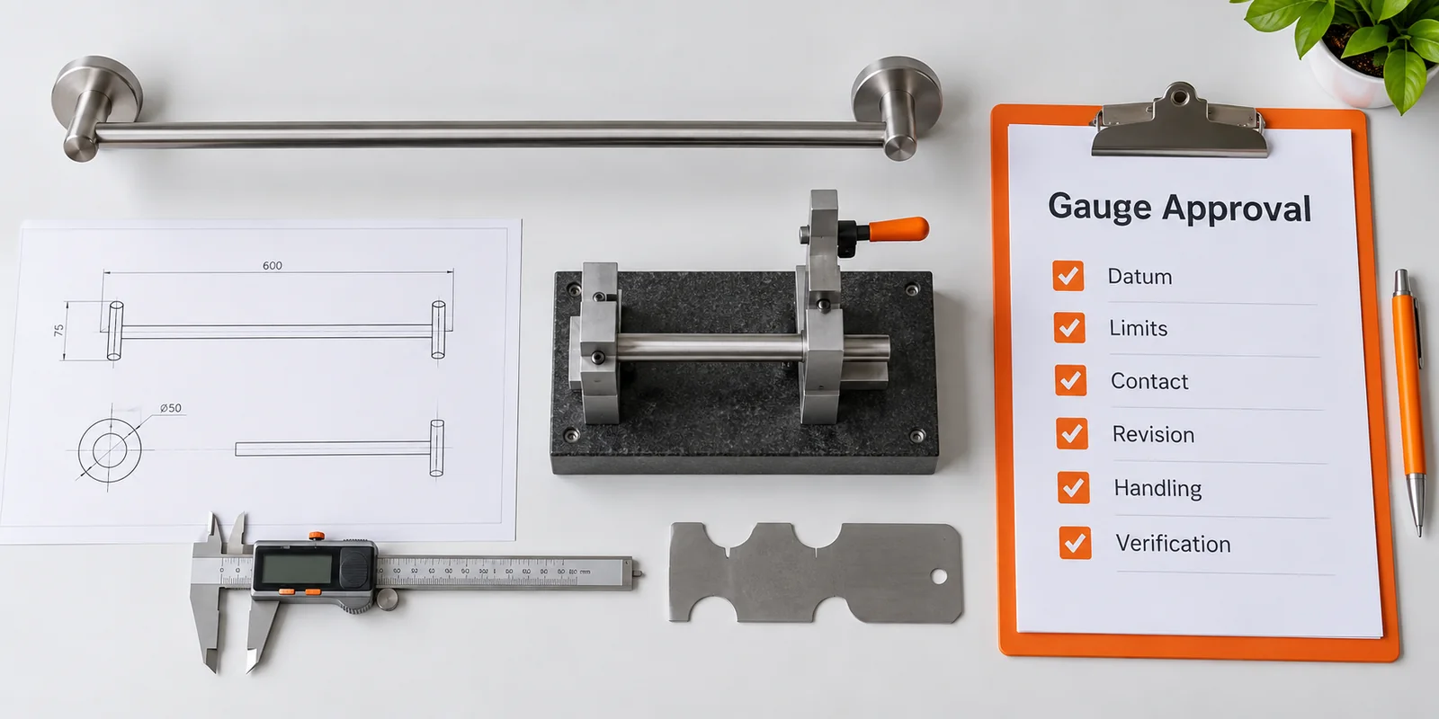 Buyer approval setup for bathroom hardware gauges, datums, limits and reference samples.