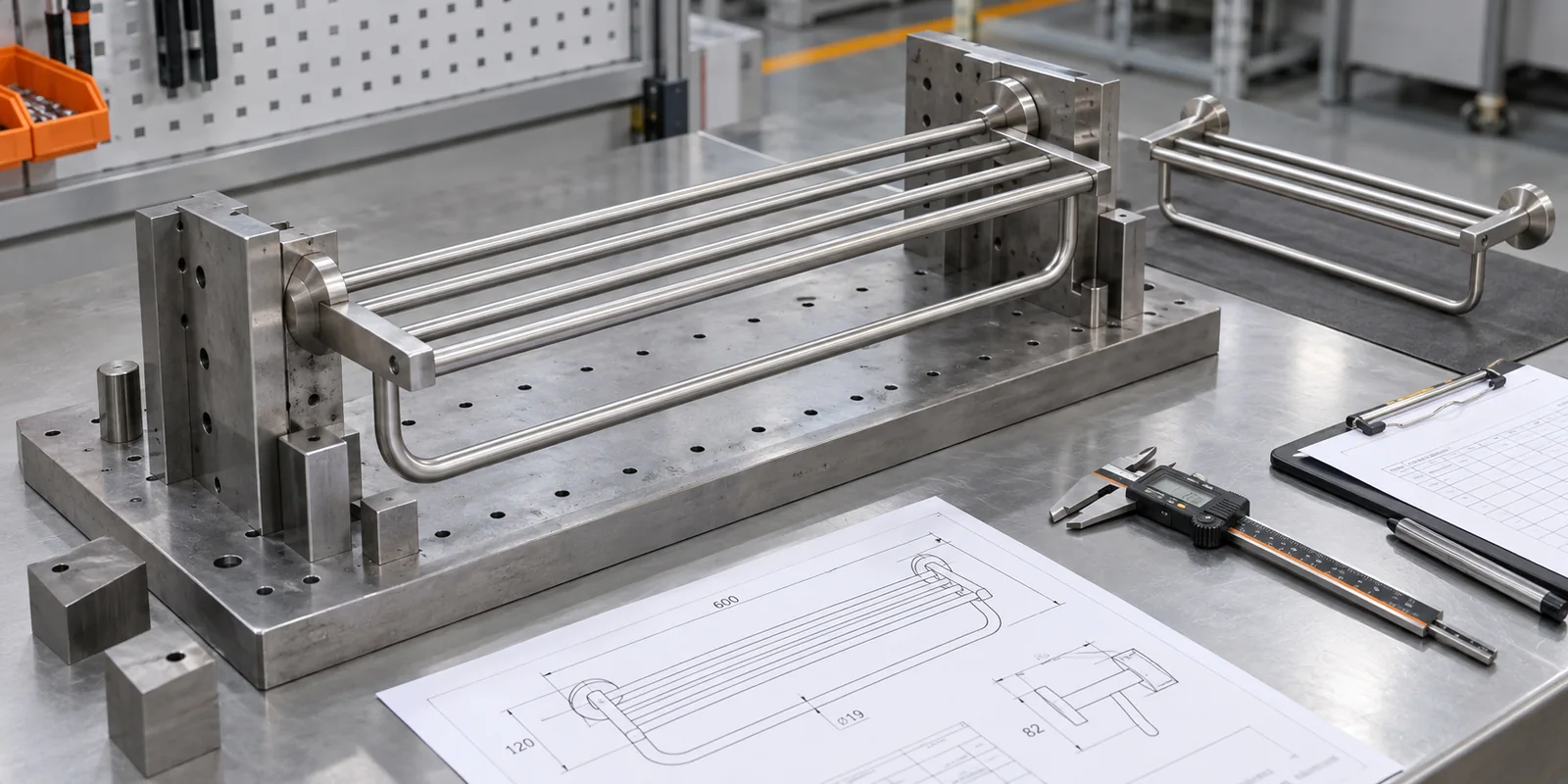 Bathroom hardware inspection gauge reviewed with a towel rack, drawing and go-no-go fixture.