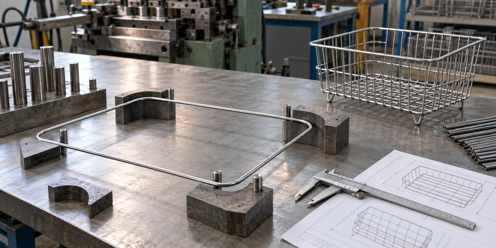 Wire basket corner radius checked against a bend template and controlled technical drawing.
