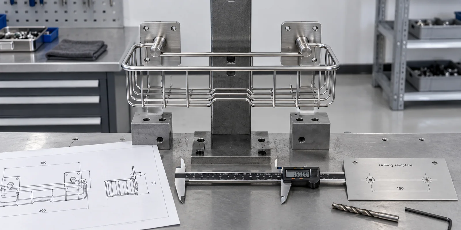 Shower caddy mounting hole spacing checked on a bracket-center inspection fixture.