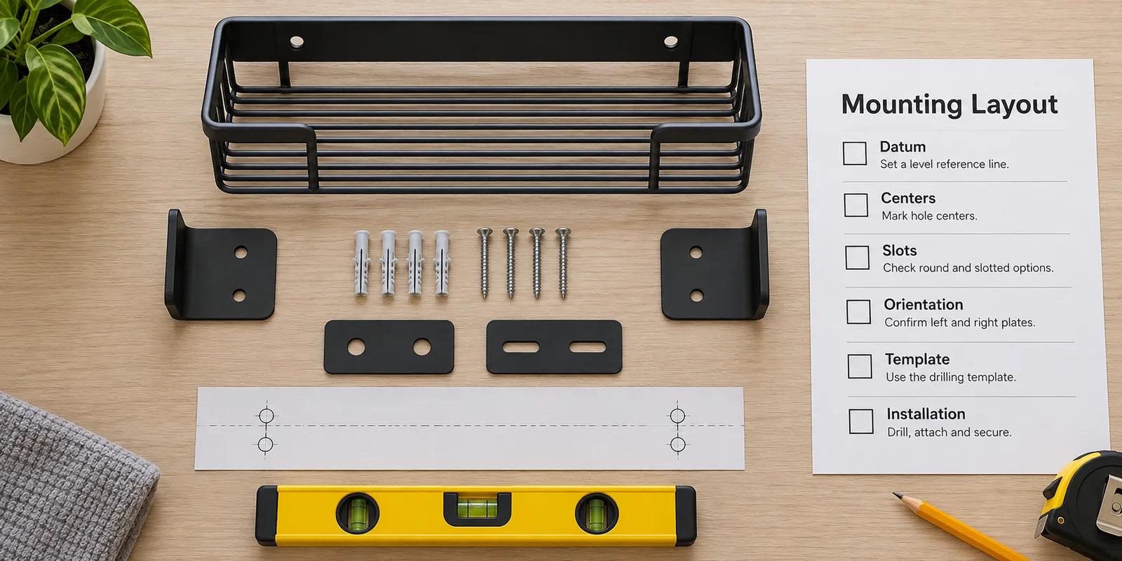 Buyer review of shower caddy mounting centers, slots, wall plates and drilling template.
