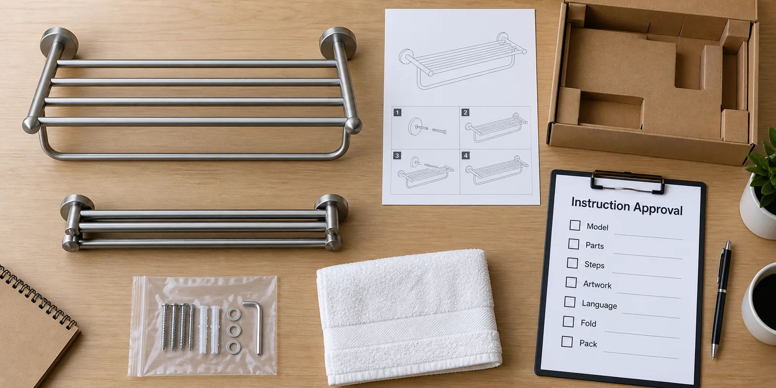 Buyer approval of bathroom hardware instruction artwork, revision, fold and installation steps.