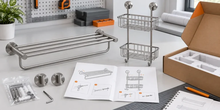 Private label bathroom hardware instruction sheet developed with product, mounting parts and packaging.