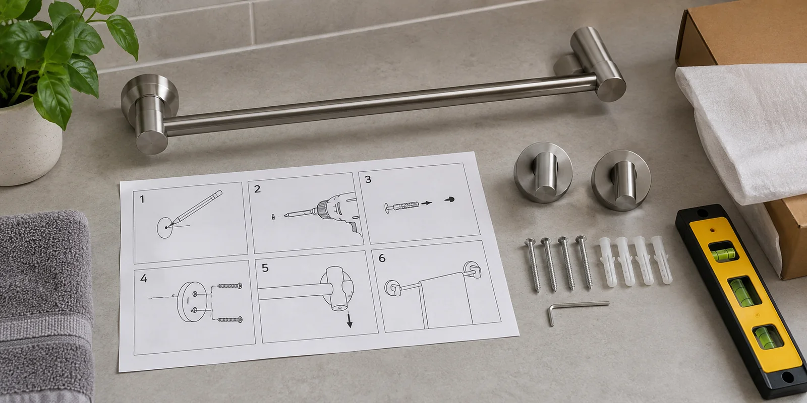 Private label bathroom hardware instruction sheet reviewed with parts, diagrams and packaging.