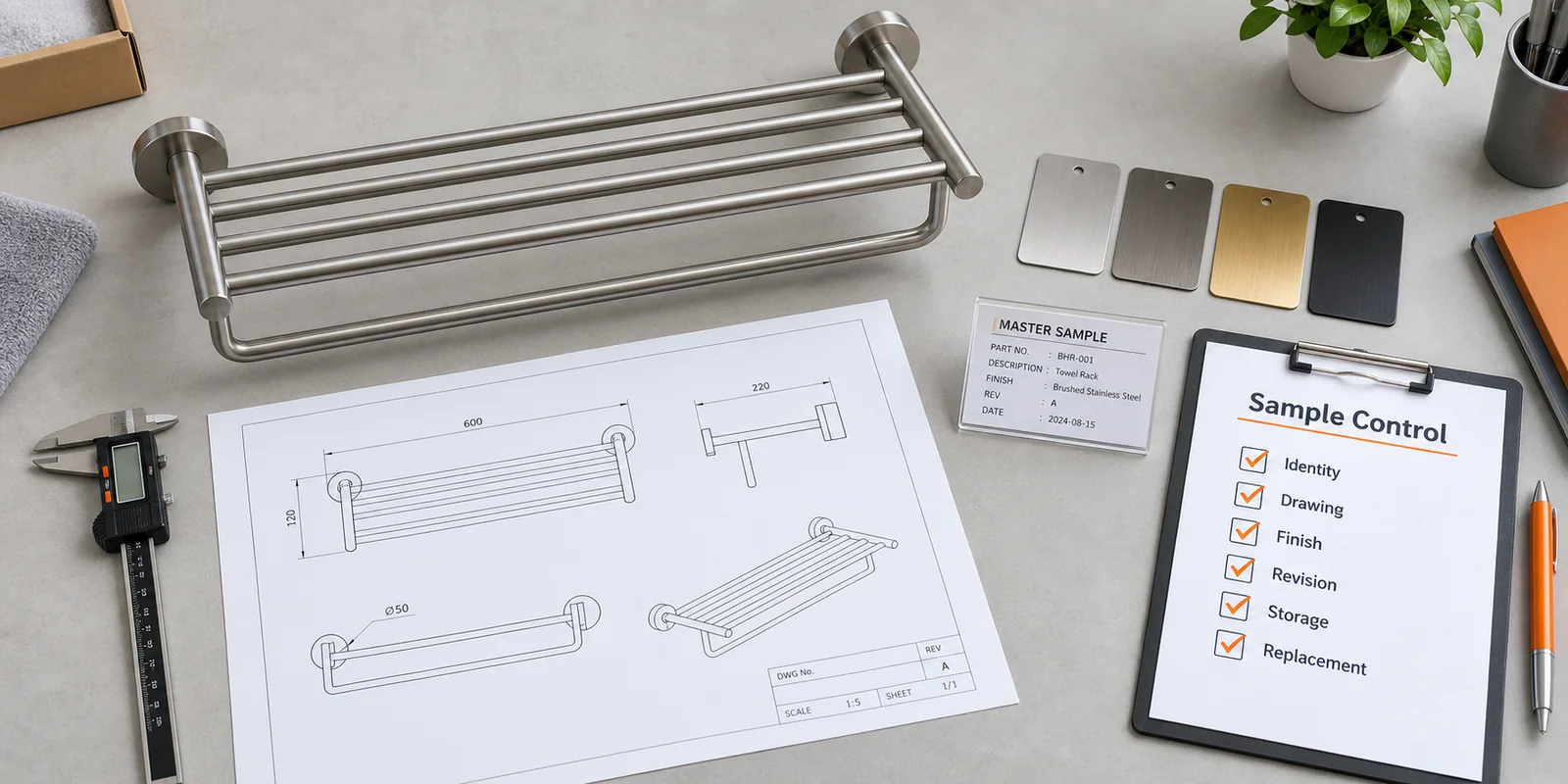 Buyer checklist for bathroom hardware sample identity, revisions, storage and replacement control.