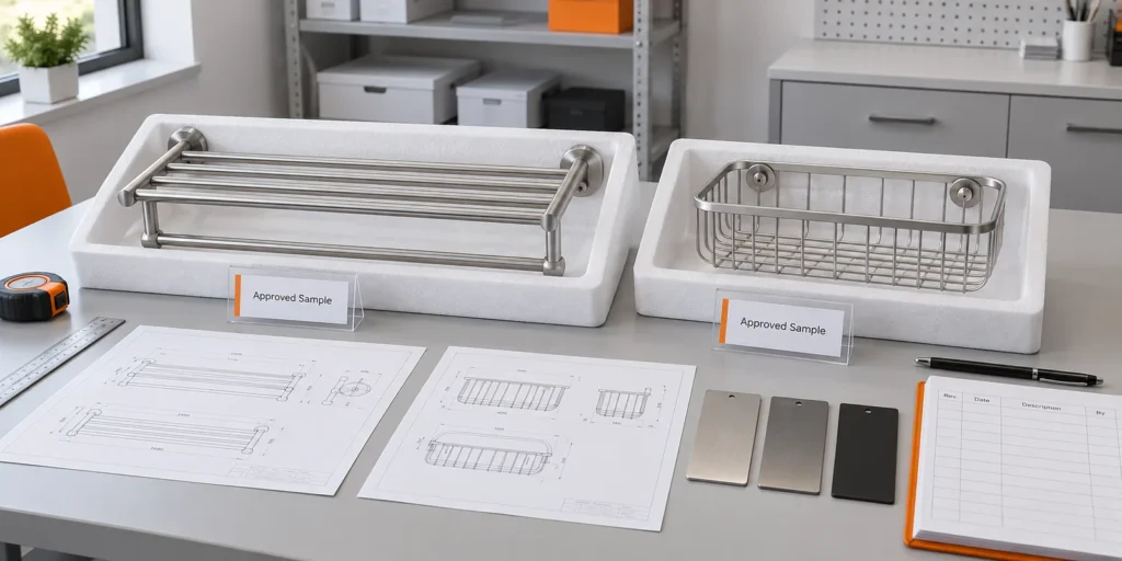 Bathroom hardware master samples retained with controlled drawings, finish references and revision labels.