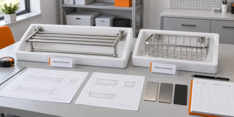 Bathroom hardware master samples retained with controlled drawings, finish references and revision labels.