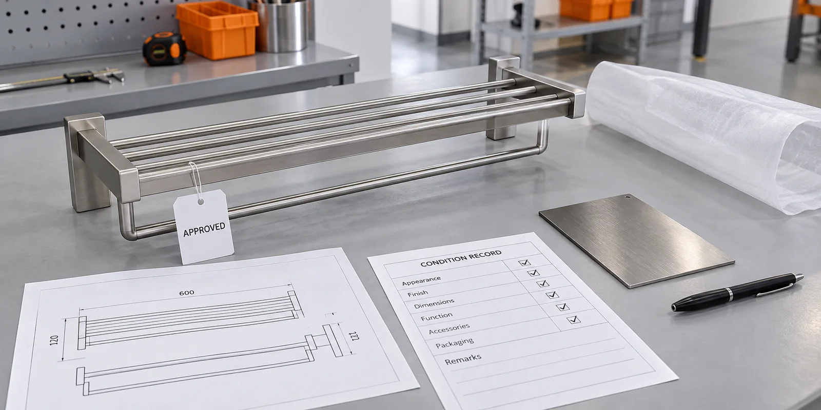 Bathroom hardware master sample labeled and compared with its controlled drawing and finish reference.