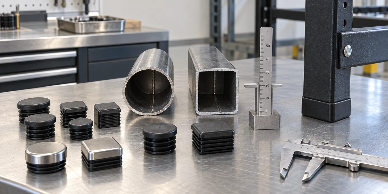 Metal storage rack tube end caps checked for internal fit, insertion depth and finished appearance.