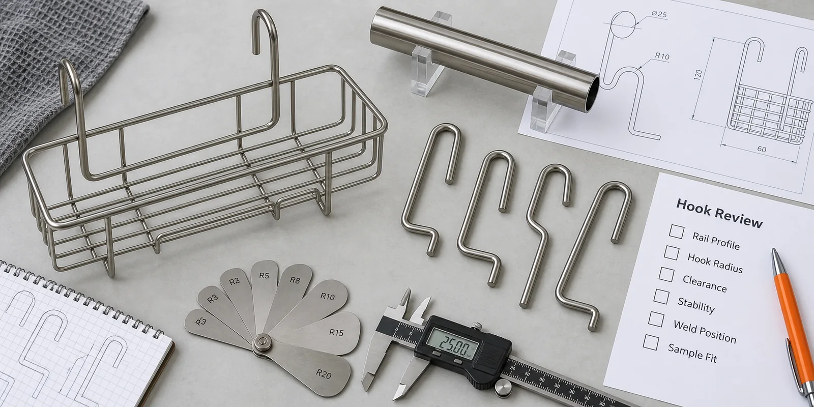 Buyer review of shower caddy hook opening, engagement, clearance, spacing and basket balance.