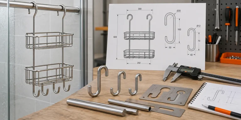 Shower caddy hook geometry design reviewed with support bars, profile templates and finished basket.