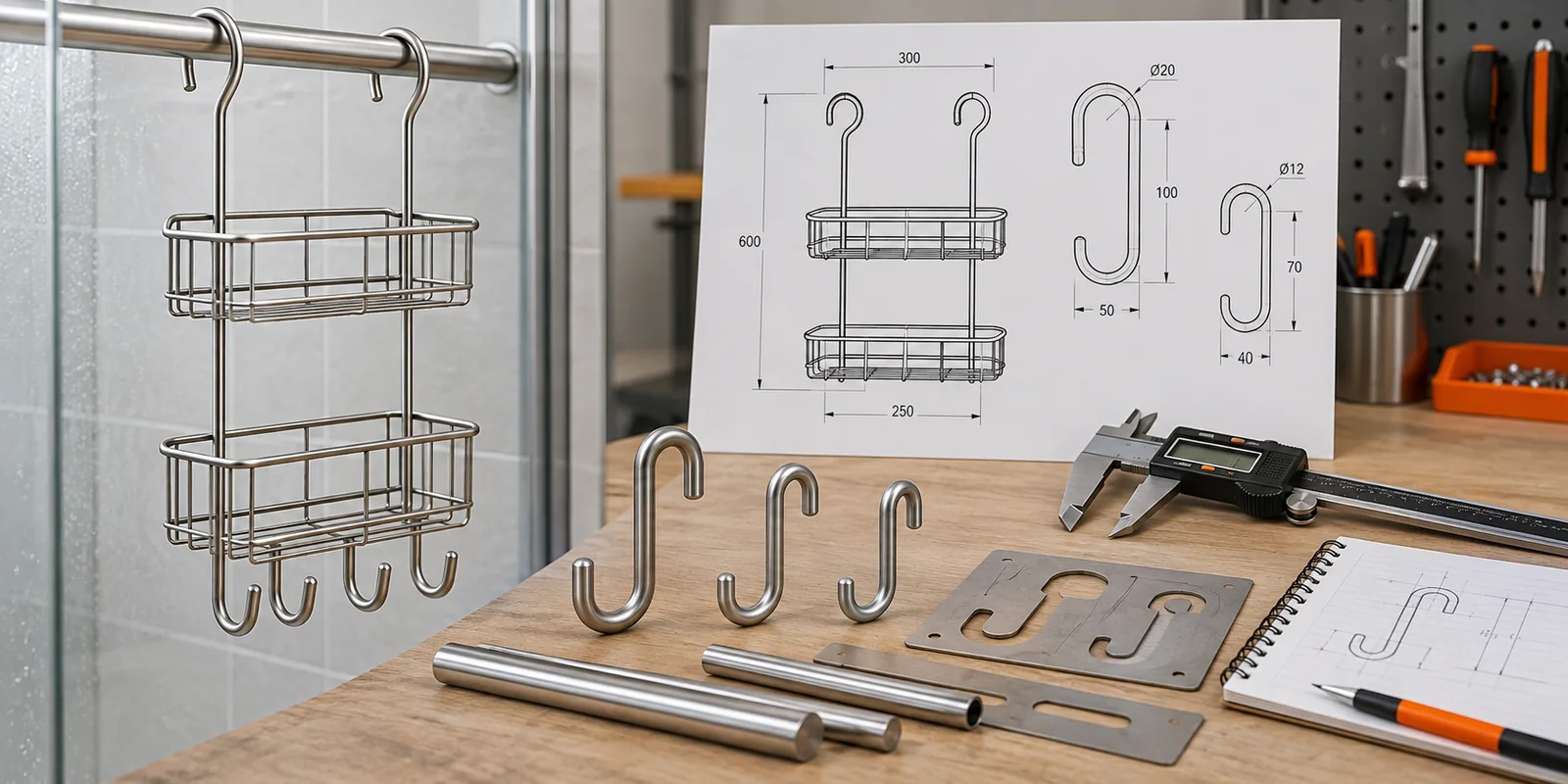 Shower caddy hook geometry design reviewed with support bars, profile templates and finished basket.