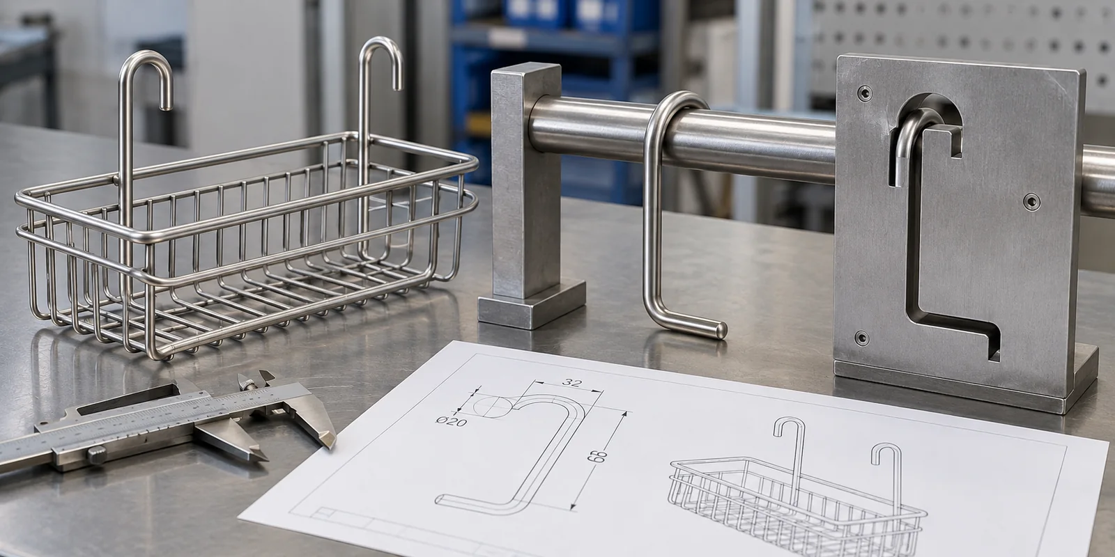 Shower caddy hook geometry checked on a controlled support profile with a forming template.