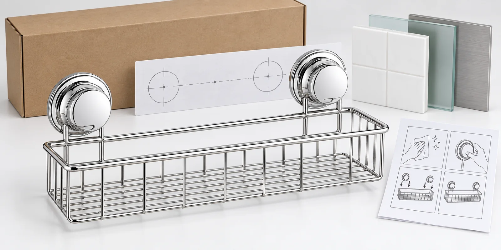 Suction cup shower caddy mounting system reviewed with basket, vacuum components and wall-surface samples.