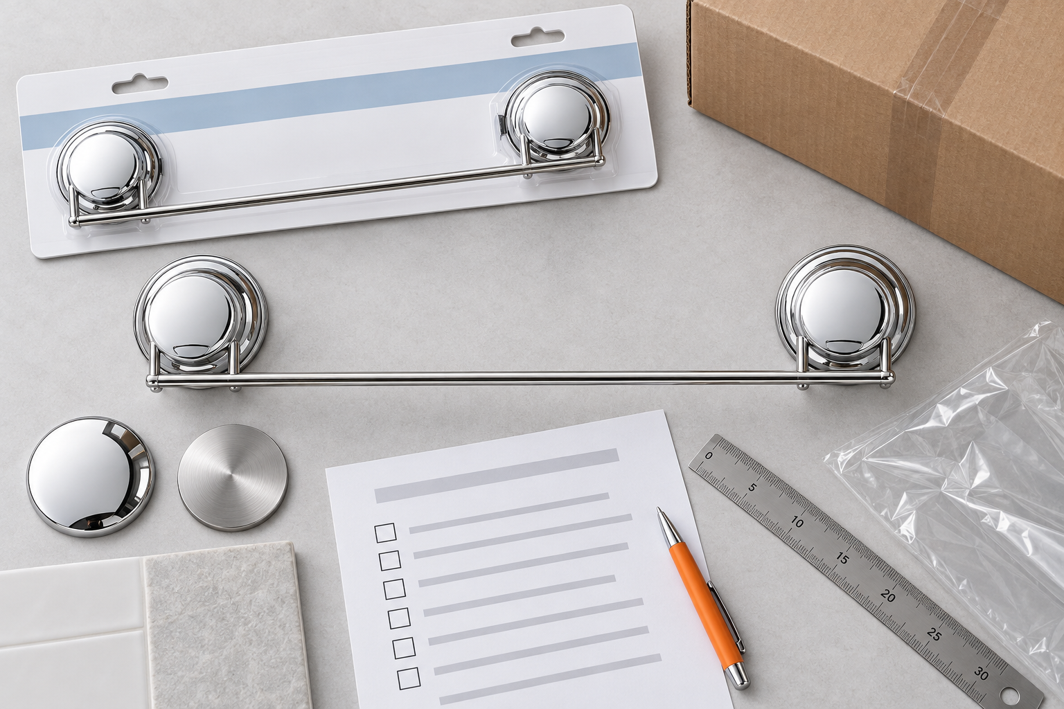 OEM buyer checklist scene with a suction cup towel rack, inspection sheet, finish sample and packaging materials.