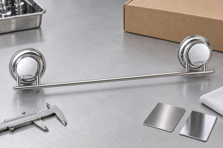 Polished suction cup towel rack with two chrome vacuum mounts on a B2B sample inspection table.