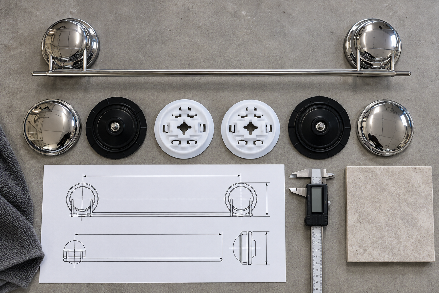Suction cup towel rack sample review with chrome covers, rubber cups, mounting bases, towel bar and measurement tools.