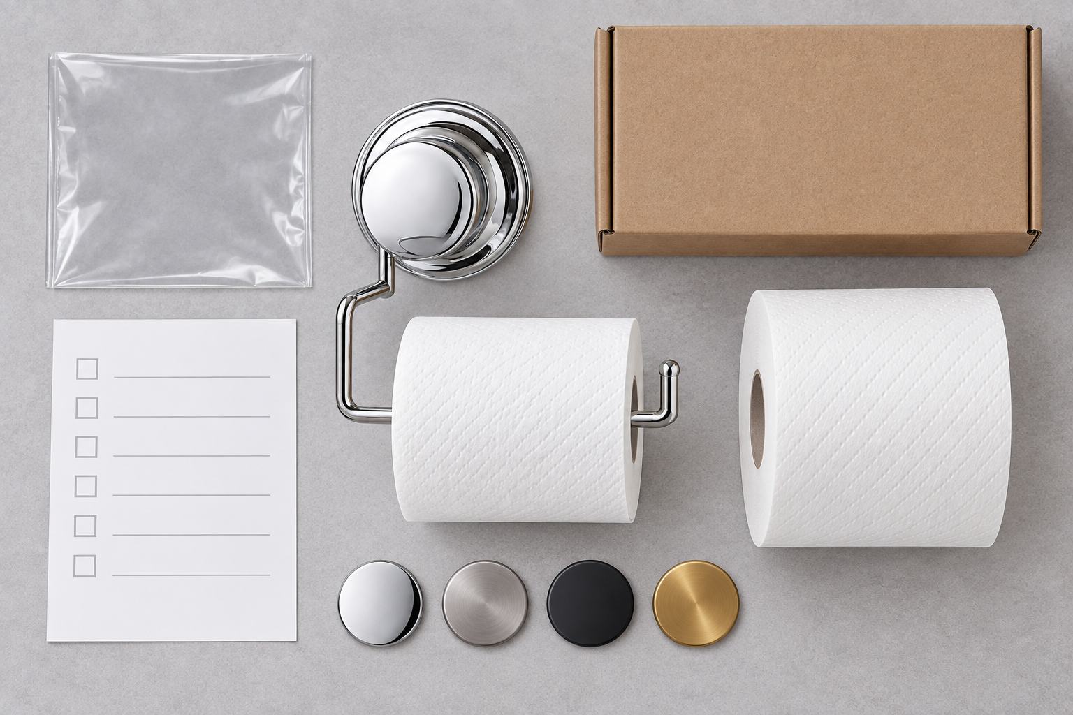OEM buyer checklist for suction toilet paper holder dimensions, finish, roll fit and packaging.