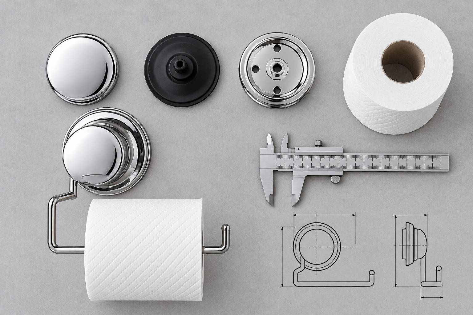 Suction toilet paper holder components reviewed for arm length, roll clearance and mounting alignment.