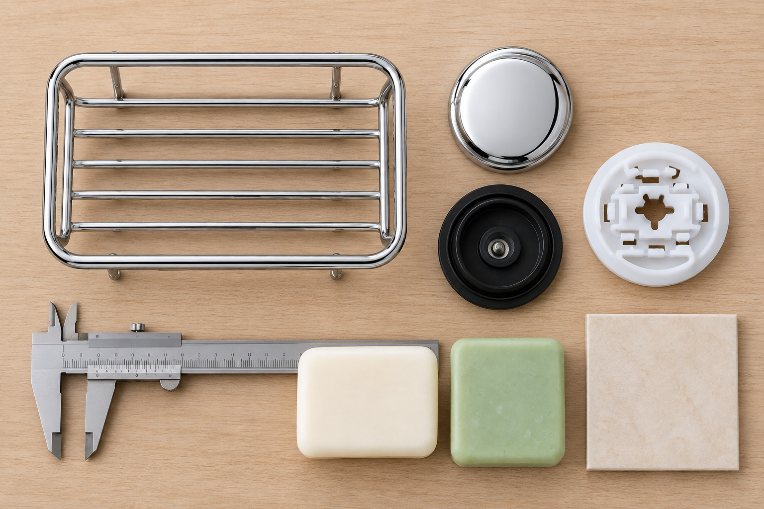 Suction soap dish sample components reviewed for drainage, retention edge and mounting interface.
