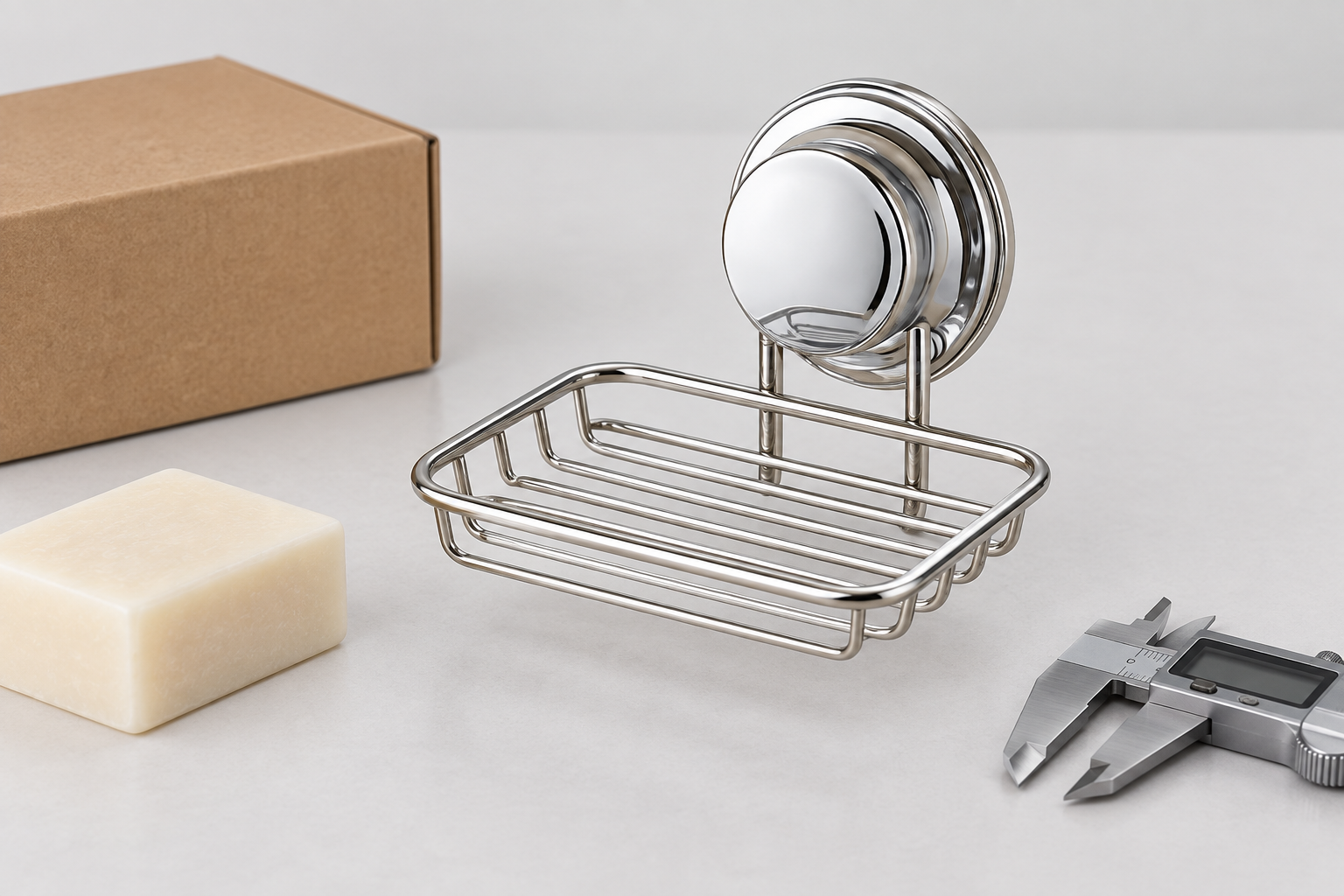 Stainless suction cup soap dish with chrome vacuum mount prepared for private-label sample review.