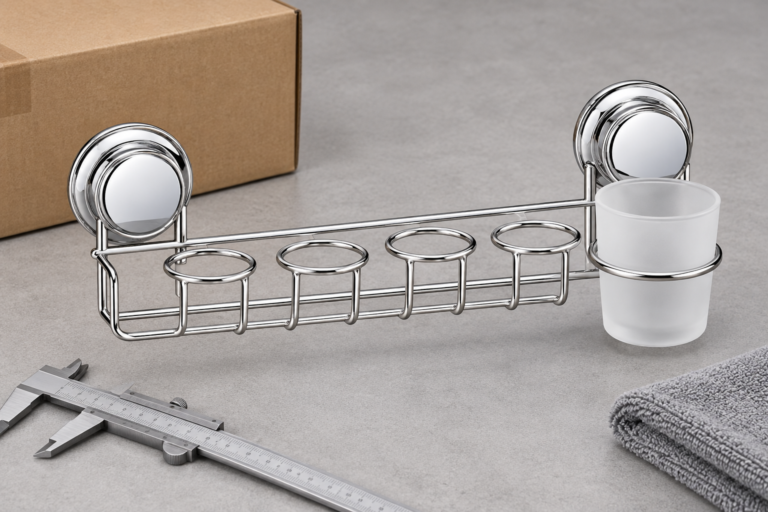 Stainless suction cup toothbrush holder with chrome vacuum mounts on an OEM sample table.