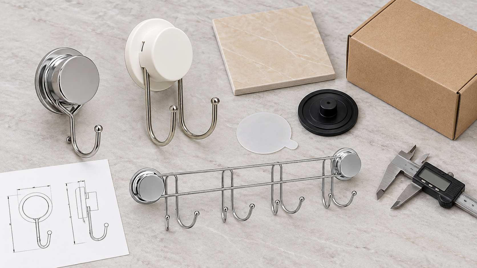 OEM buyer review table with suction bathroom hooks, wall-surface sample and packaging materials.