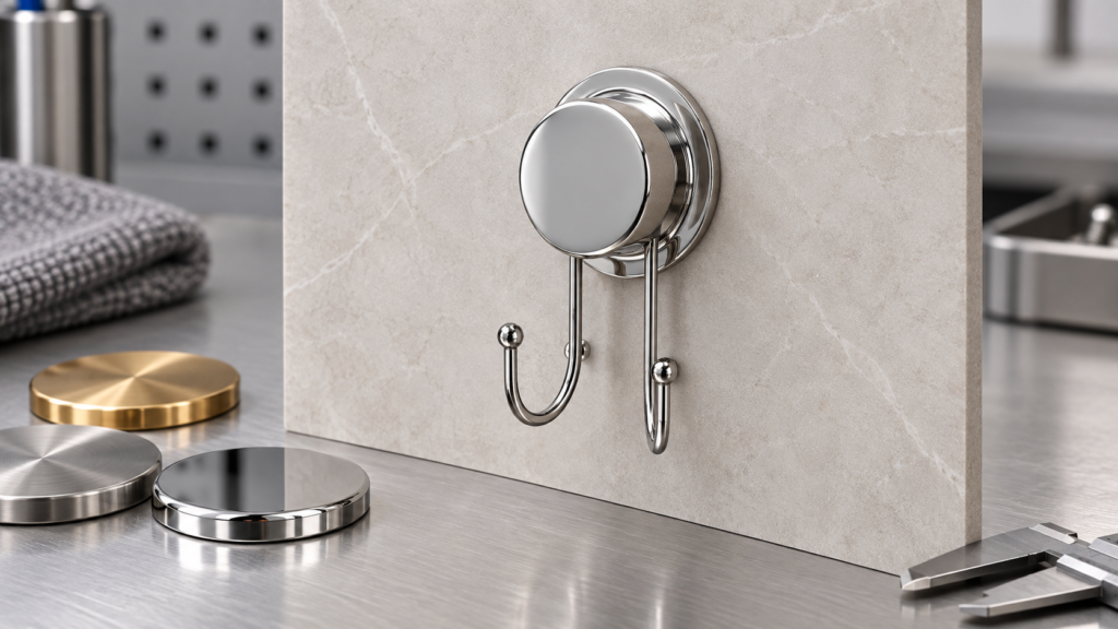 Chrome suction cup bathroom hook sample mounted on a smooth tile panel for OEM review.