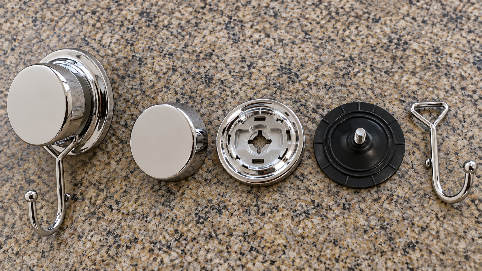 Suction bathroom hook components arranged for mounting-interface and assembly inspection.